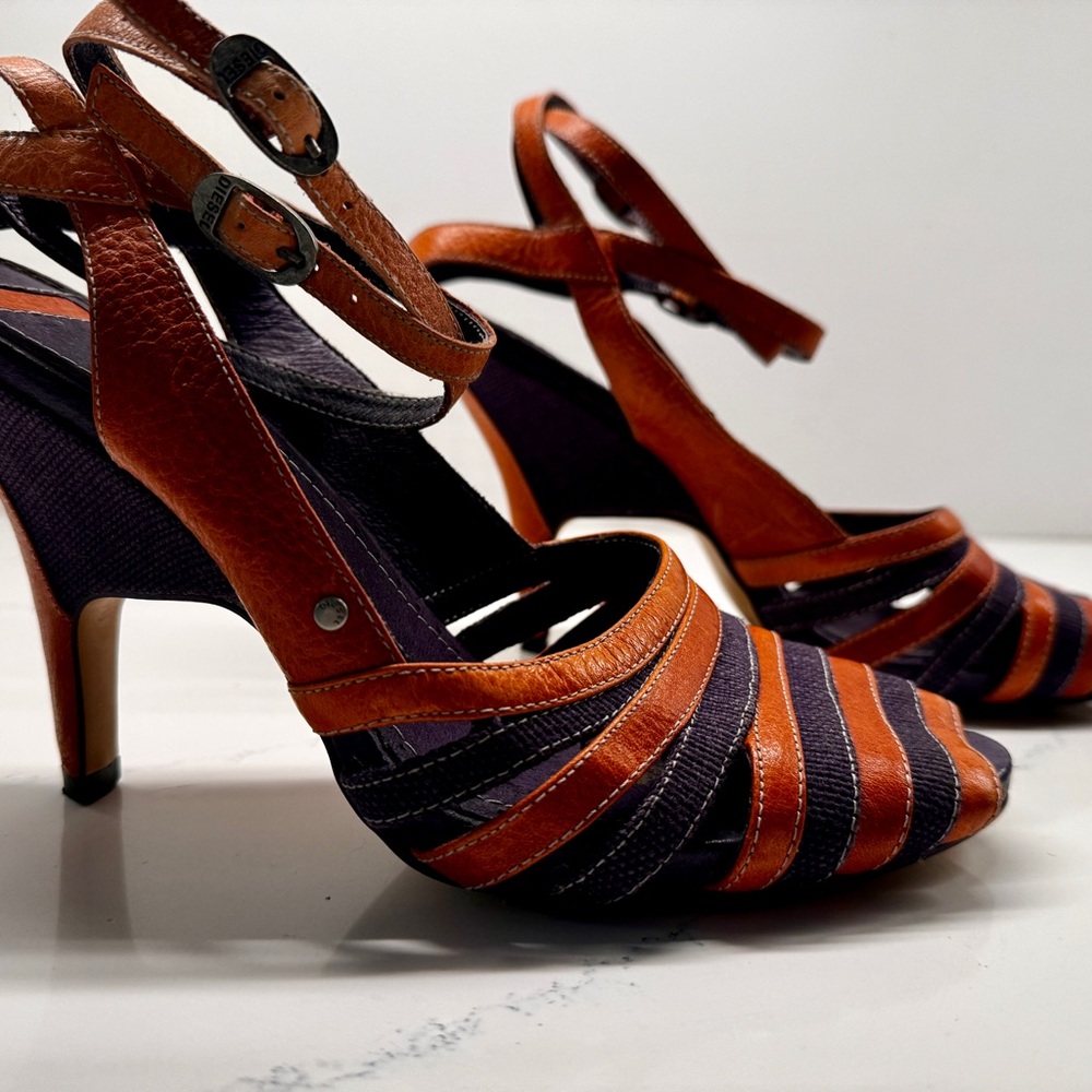 Diesel Elegant Striped Orange Leather/Purple Denim Women's Strappy Heels 9.5